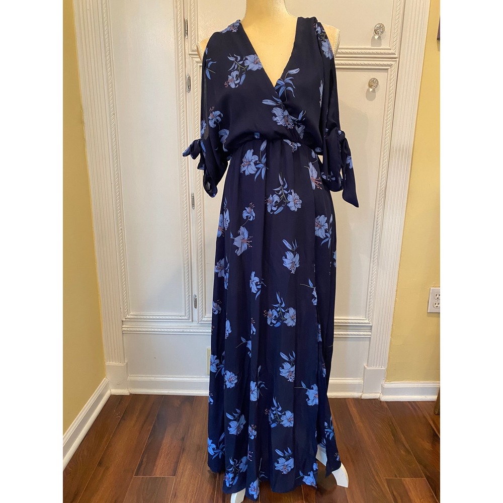 Miami Navy Blue Floral Cold Shoulder Maxi Dress Surplice V-Neck Boho Small